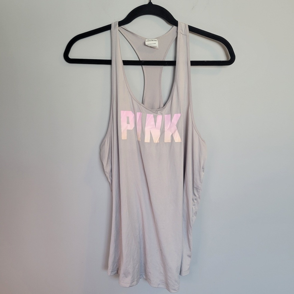 Victoria's Secret PINK Racerback Tank Top Gray Logo Small *See photos for flaws*